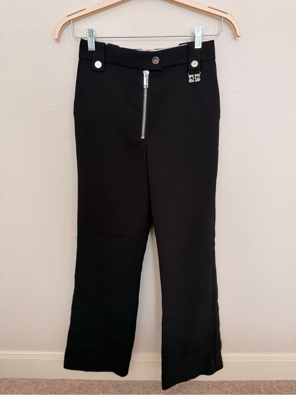 Ganni Black Boot-Cut Pants with Silver Zip, Size 34 or 4
